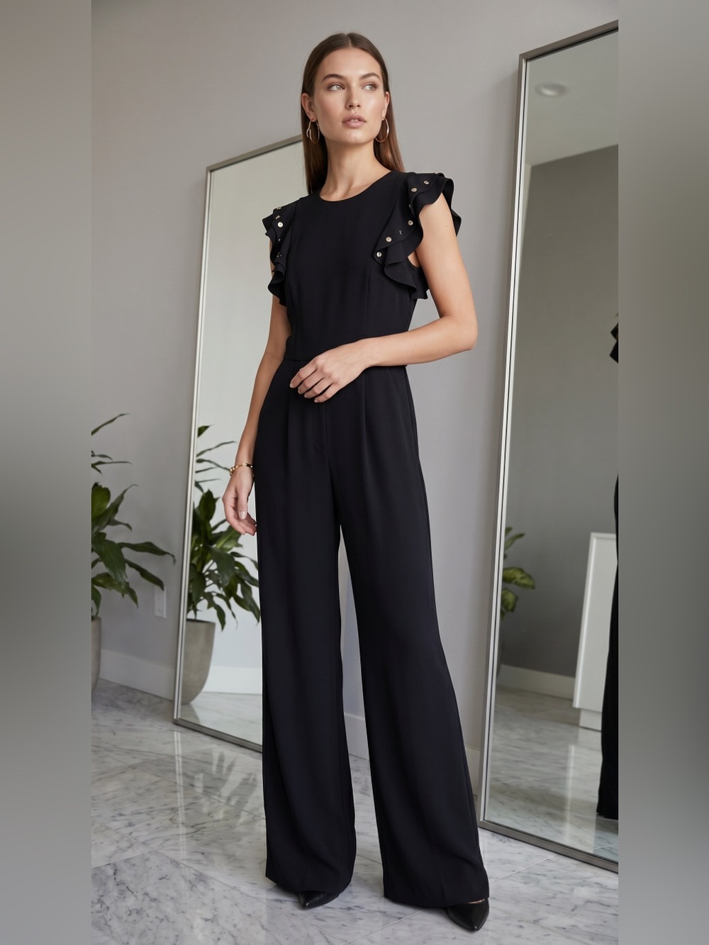 Tommy Hilfiger Black Ruffle-Shoulder Wide-Leg Jumpsuit